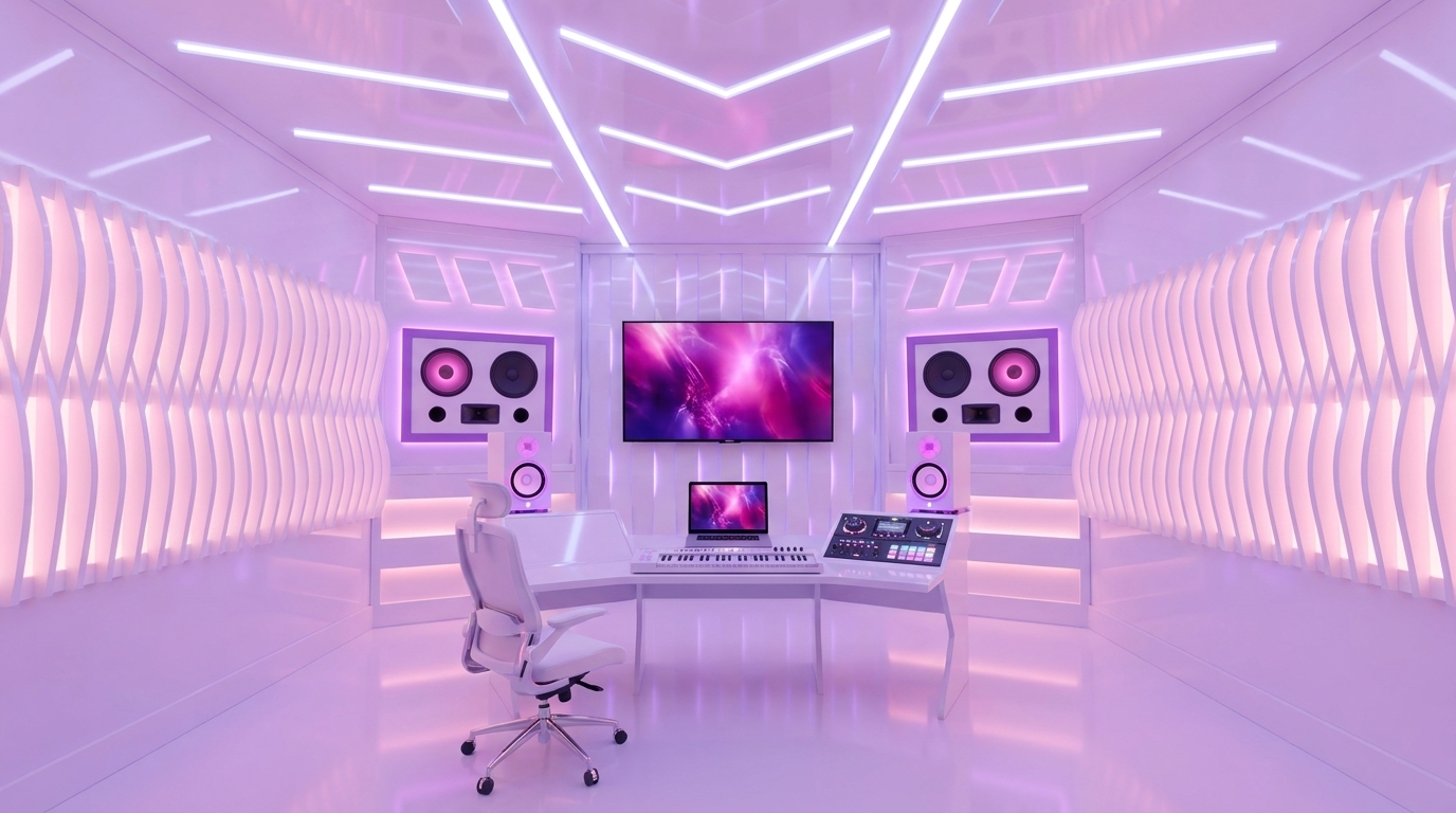 El estudio de Setsuna: sala blanca futurista con LED lila y rosa
